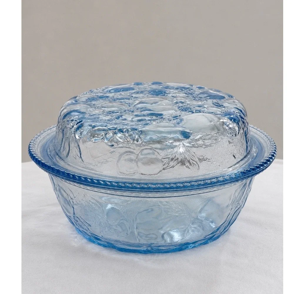Vintage Libbey Blue Glass Fruit Harvest Covered Casserole Dish Round 10.5 inch